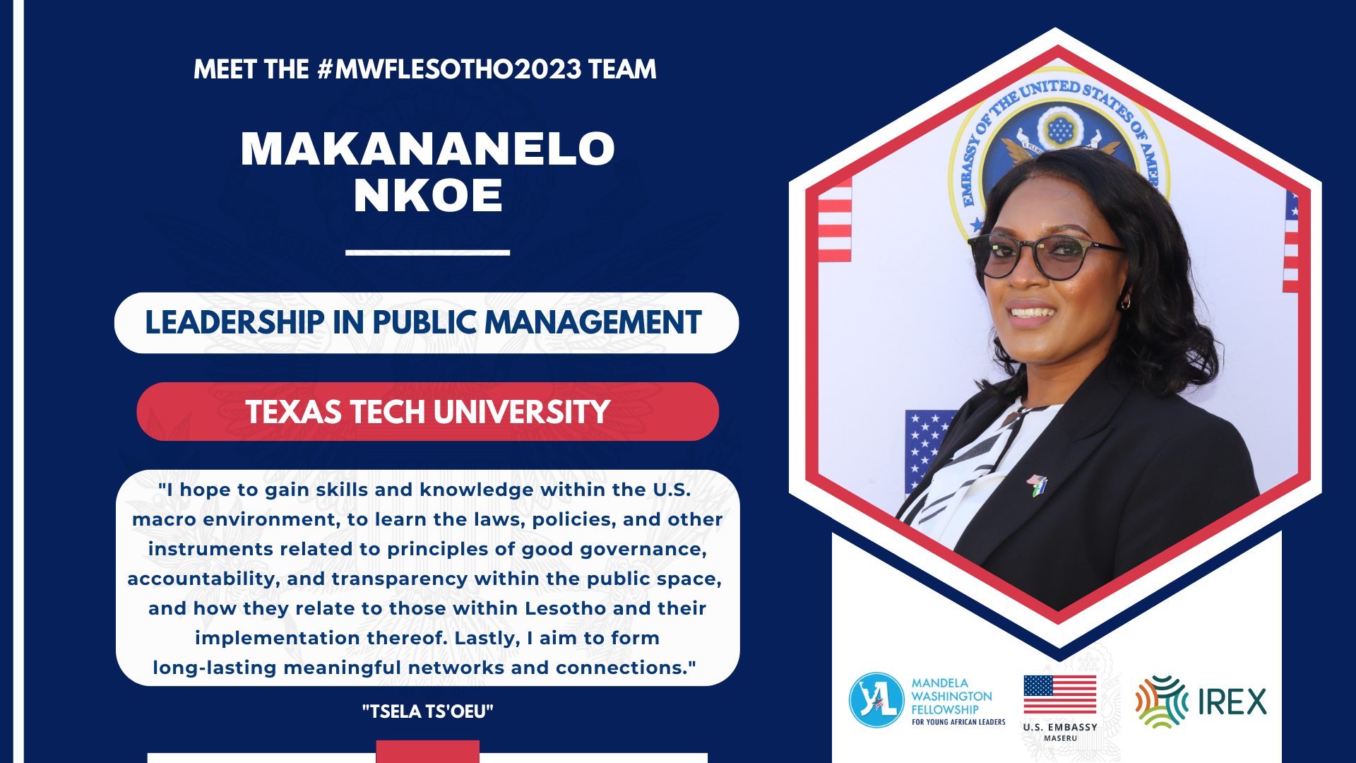 US Embassy Maseru introduces mwflesotho2023 participant Makananelo Seipati Mahamo Nkoe, highlights achievements